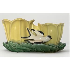 Vintage 40's McCoy Planter Double Tulip w/Swallow Bird Ceramic Yellow & Green